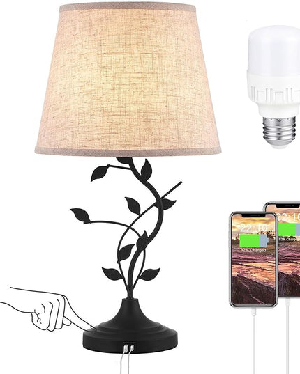 Kakanuo USB Touch Table Lamp Bedside Lamp with USB C Charging Ports for Living Room, Beige 3 Way Dimmable Traditional Nightstand Lamp Retro Table Lamp for Bedroom and Office (LED Bulb Included) - LeafyLoom
