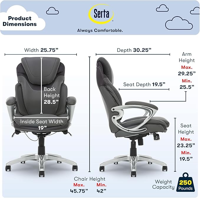 Serta Bryce Executive Office Chair, Ergonomic Computer DeskChair with Patented AIR Lumbar Technology, Comfortable Layered Body Pillows for Cushioning, SertaQuality Foam, Bonded Leather, Gray - LeafyLoom