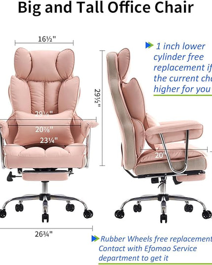 Desk Office Chair 400LBS, Big and Tall Office Chair, PU Leather Computer Chair, Executive Office Chair with Leg Rest, Light Pink Office Chair - LeafyLoom