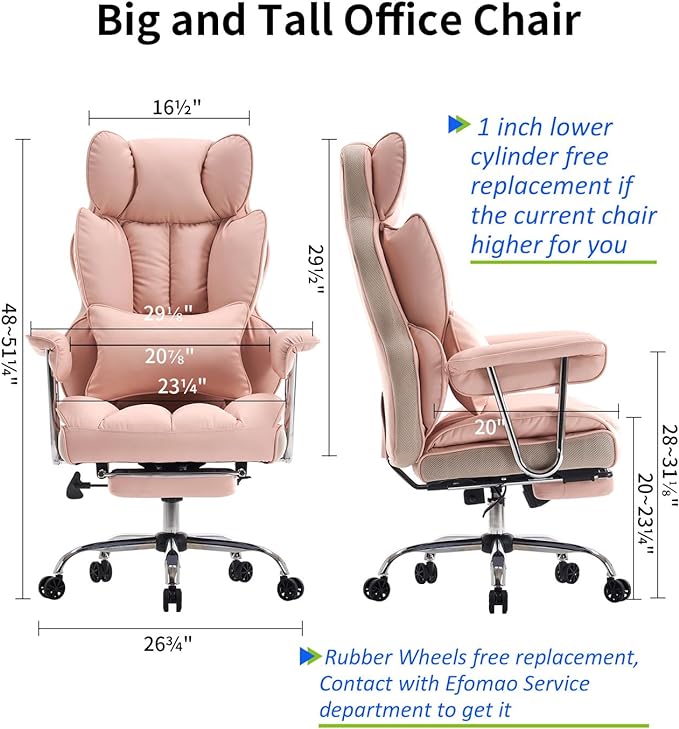 Desk Office Chair 400LBS, Big and Tall Office Chair, PU Leather Computer Chair, Executive Office Chair with Leg Rest, Light Pink Office Chair - LeafyLoom