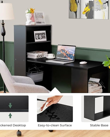 Computer Desk with Shelves, Black - LeafyLoom