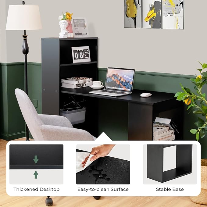 Computer Desk with Shelves, Black - LeafyLoom