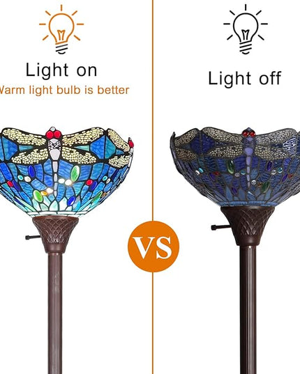 Capulina Tiffany Torchiere Floor Lamp 70 Inches Tall Industrial Pole Vintage Blue Dragonfly Style Standing Floor Light for Home Office Living Room Bedroom Farmhouse - LeafyLoom