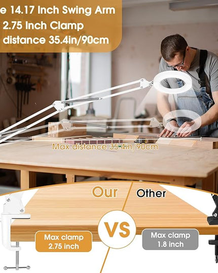 5X Magnifying Glass with Light and Stand, Desk Clip on Lamp for Reading Home Office, 48 LEDs USB Clip Ring Light with 3 Color Modes Clamp Light for Bed Headboard, Craft, Computer, Video Call - LeafyLoom