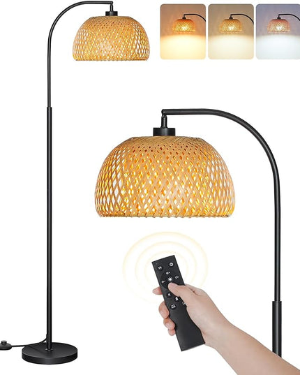 Boho Floor Lamp, Dimmable Floor Lamp, Bamboo Shade Corner Floor Lamp, Reading Lamp Height Adjustable with Remote, for Living Room, Bedroom, Study Room, 10W LED Bulb Included, Black B9LD05 - LeafyLoom