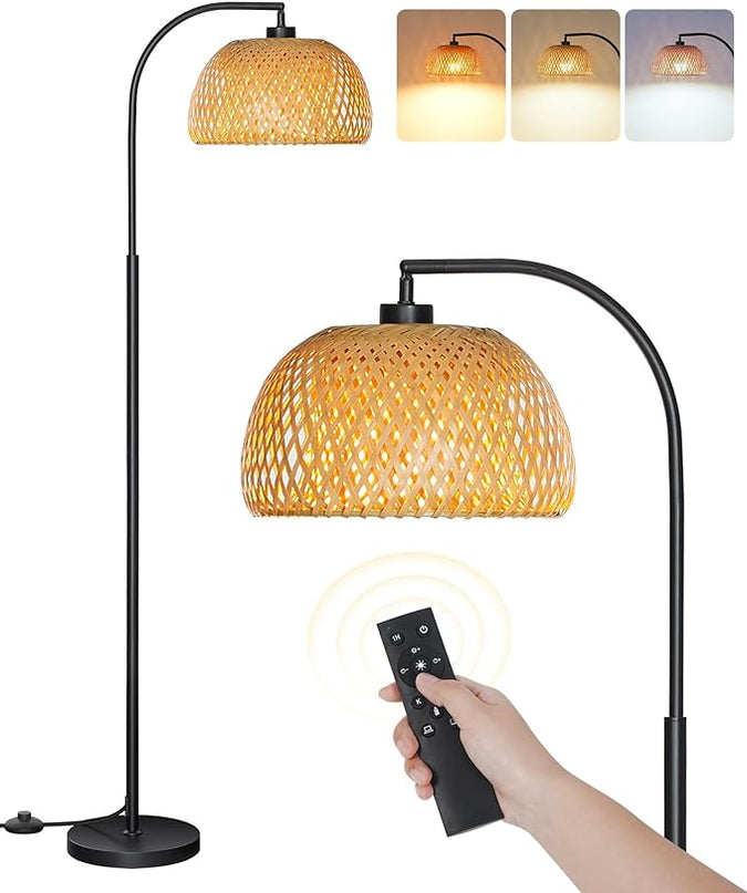 Boho Floor Lamp, Dimmable Floor Lamp, Bamboo Shade Corner Floor Lamp, Reading Lamp Height Adjustable with Remote, for Living Room, Bedroom, Study Room, 10W LED Bulb Included, Black B9LD05 - LeafyLoom