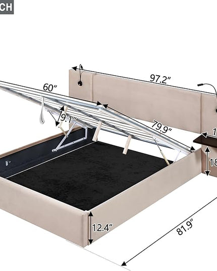 Queen Size Storage Upholstered Hydraulic Platform Shelves, Modern Velvet Fabric Bed Frame W/ 2 Lights and USB Port,No Box Spring Required,for Bedroom, Apartment,Beige - LeafyLoom