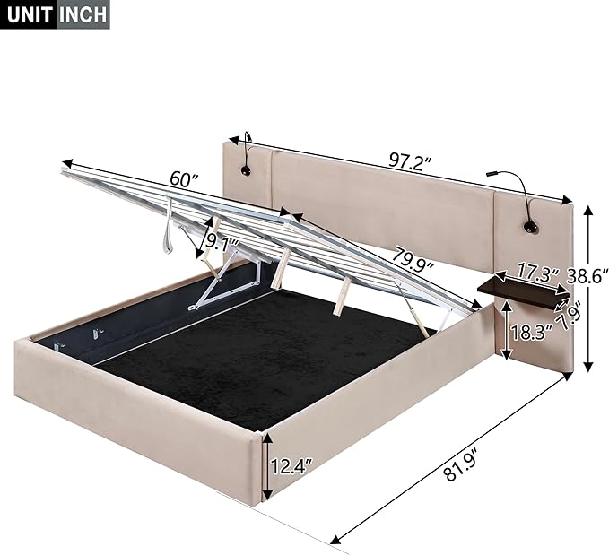 Queen Size Storage Upholstered Hydraulic Platform Shelves, Modern Velvet Fabric Bed Frame W/ 2 Lights and USB Port,No Box Spring Required,for Bedroom, Apartment,Beige - LeafyLoom