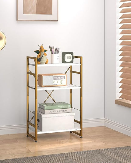 Bookshelf Organizer,3 Tiers Adjustable White Faux Marble Small Bookcase for Small Space,Industrial Wooden Storage Bookcase Display Rack and Storage Organizer for Living Room Home Office(Glod - LeafyLoom