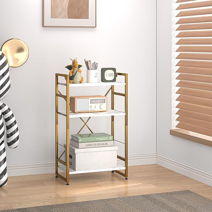 Bookshelf Organizer,3 Tiers Adjustable White Faux Marble Small Bookcase for Small Space,Industrial Wooden Storage Bookcase Display Rack and Storage Organizer for Living Room Home Office(Glod - LeafyLoom