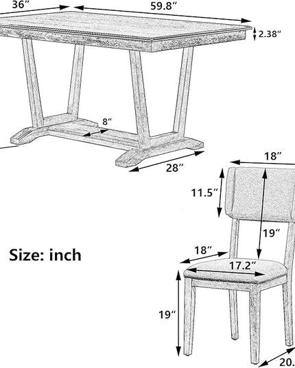 Solid Wood 5-Piece Dining Set with 4 Upholstered Chairs, 59-inch Rectangular Tabletop with Trestle Table Base, for Kitchen Living Room, Natural - LeafyLoom