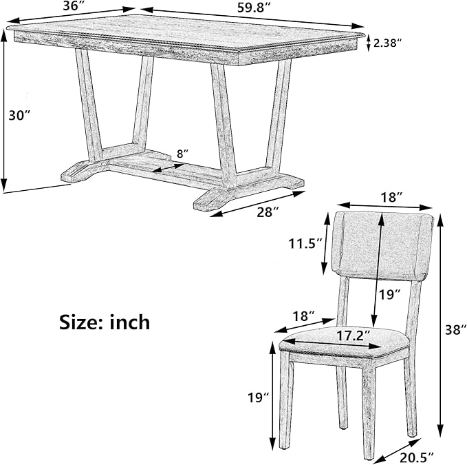 Solid Wood 5-Piece Dining Set with 4 Upholstered Chairs, 59-inch Rectangular Tabletop with Trestle Table Base, for Kitchen Living Room, Natural - LeafyLoom