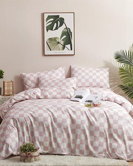 Wellboo Pink White Plaid Comforter Sets California King Women Men Bean Pink and White Checkerboard Grid Bedding Comforters Cal King Cotton Boys Girls Modern Dusty Pink Checkered Geometric Quilts - LeafyLoom