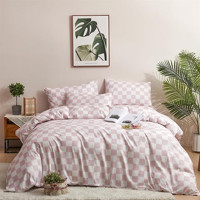 Wellboo Pink White Plaid Comforter Sets California King Women Men Bean Pink and White Checkerboard Grid Bedding Comforters Cal King Cotton Boys Girls Modern Dusty Pink Checkered Geometric Quilts - LeafyLoom