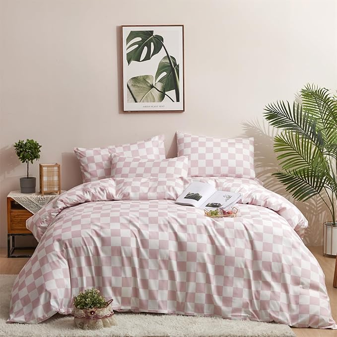 Wellboo Pink White Plaid Comforter Sets Queen Women Men Bean Pink and White Checkerboard Grid Bedding Comforters Cotton Boys Girls Modern Dusty Pink Checkered Geometric Quilts Luxury Abstract Bed - LeafyLoom