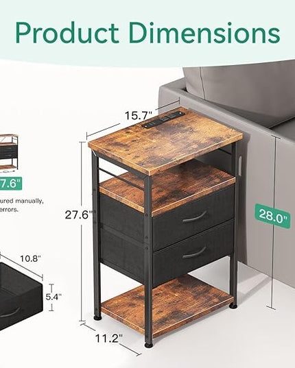 AODK Night Stand with Charging Station, End Table for Bedroom Tall Nightstand with Drawers, Small Nightstand for Bedroom, 4-Tier Storage Bedside Table, Vintage and Black - LeafyLoom