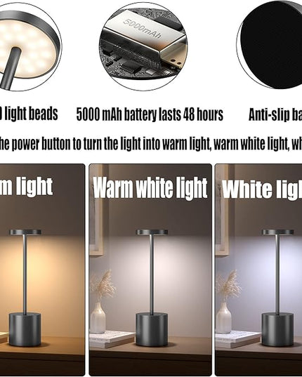 2Pack Cordless Table Lamp, Rechargeable LED Battery 5000mAh Metal USB Portable Powered Desk Lamp, 3 Levels Brightness Light for Restaurants Outdoor (2pack 10.25in Grey) - LeafyLoom