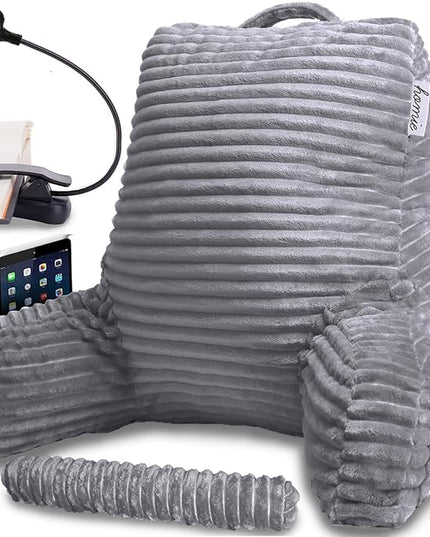 Homie Reading Pillow with Reading Light and Wrist Support, Has Arm Rests, and Back Support for Bed Rest, Lounging, Reading, Working on Laptop, Watching TV (Gray) - LeafyLoom