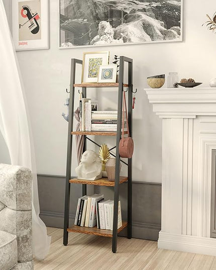 YMYNY 4 Tiers Ladder Bookcase, Industrial Narrow Bookshelf, Open Display Rack with 4 S Hooks, Metal Storage Shelves for Bedroom, Home Office, Living Room, Rustic Brown, 49.2H*13.4L*11.8W, UHBC024H - LeafyLoom