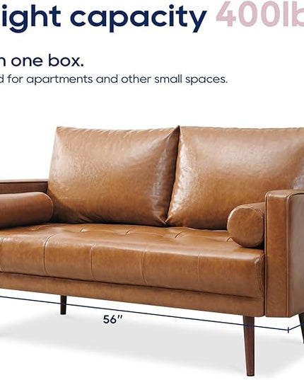 Vonanda 56" Loveseat Small Couch, Mid-Century 2 Seater Sofa Faux Leather Couch with Hand-Stitched Comfort Cushion and Bolster Pillows for Living Room, Loveseat Cognac Tan - LeafyLoom