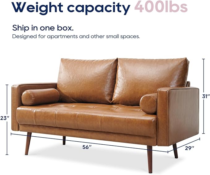 Vonanda 56" Loveseat Small Couch, Mid-Century 2 Seater Sofa Faux Leather Couch with Hand-Stitched Comfort Cushion and Bolster Pillows for Living Room, Loveseat Cognac Tan - LeafyLoom