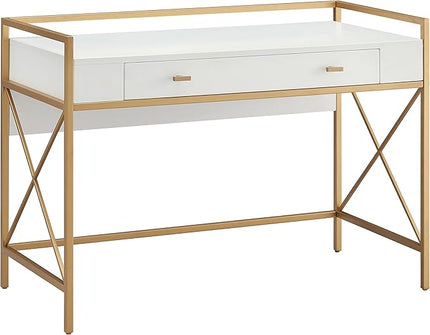 Leick Home Claudette Mixed Metal and Wood Flat Wall Computer Office Writing Desk with Drop Front Keyboard Drawer, White/Satin Gold, 32.13" W - LeafyLoom