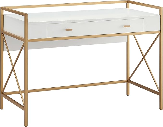Leick Home Claudette Mixed Metal and Wood Flat Wall Computer Office Writing Desk with Drop Front Keyboard Drawer, White/Satin Gold, 32.13" W - LeafyLoom