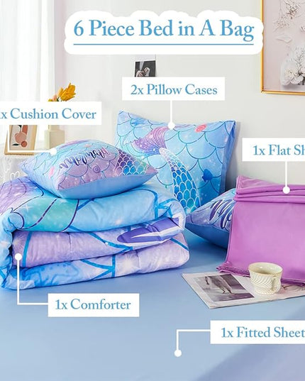 URBONUR Mermaid Tail Bedding Set Queen Size, 6Pcs Fish Scales Print Bed in a Bag Girls Queen Comforter Set, Ombre Aqua Blue Teal Pink Purple Bed Sets for Girls Bedroom Decor - LeafyLoom