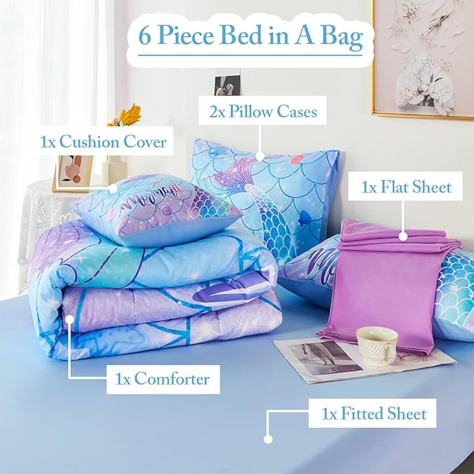 URBONUR Mermaid Tail Bedding Set Queen Size, 6Pcs Fish Scales Print Bed in a Bag Girls Queen Comforter Set, Ombre Aqua Blue Teal Pink Purple Bed Sets for Girls Bedroom Decor - LeafyLoom