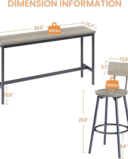 NicBex Kitchen Table Chairs Set of 4 Dining Room Set Long Bar Table Set with 3 Pu Upholstered Bar Stools, Industrial Bar Table and Chairs for Kitchen Breakfast Table, Banquet Hall, Gray - LeafyLoom