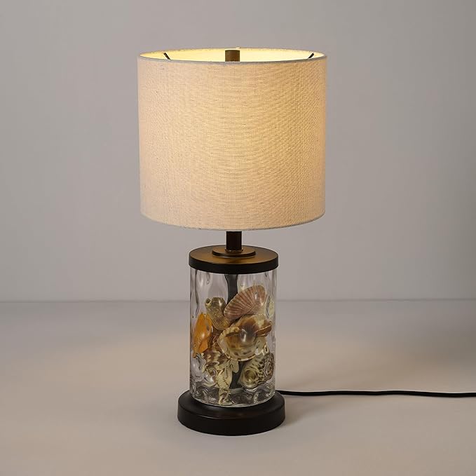 Globe Electric 61000044 20" Fillable Watered Glass Table Lamp, Oil-Rubbed Bronze Base, Beige Linen Shade, Black Cord, On/Off Rotary Switch - LeafyLoom