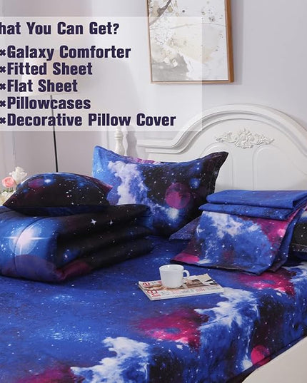 JQinHome Full Galaxy Comforter Sets 6 Piece Bed in A Bag, Outer Space Themed Bedding for Children Boy Girl Teen Kids - (1 Comforter, 1 Flat Sheet, 1 Fitted Sheet, 2 Pillowshams, 1 Cushion Cover) - LeafyLoom