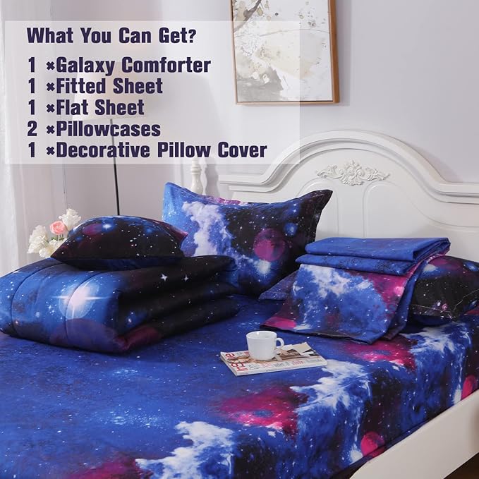 JQinHome Queen Galaxy Comforter Sets 6 Piece Bed in A Bag, Outer Space Themed Bedding for Children Boy Girl Teen Kids - (1 Comforter, 1 Flat Sheet, 1 Fitted Sheet, 2 Pillowshams, 1 Cushion Cover) - LeafyLoom