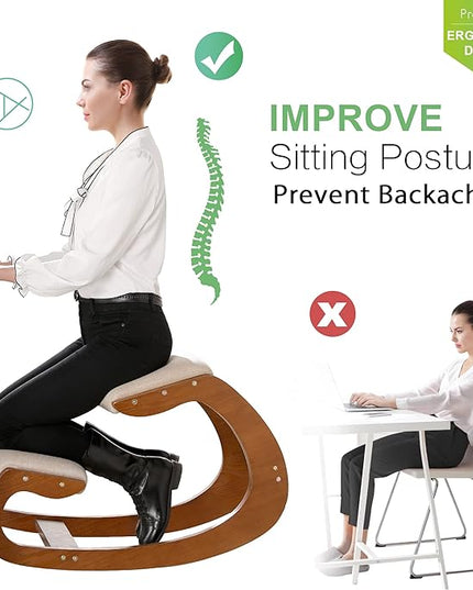 Predawn Ergonomic Kneeling Chair,Rocking Knee Chair Upright Posture Chair for Home Office Meditation Wooden & Linen Cushion-Office Chair for Back Neck Pain Relief & Improving Posture (Pecan) - LeafyLoom