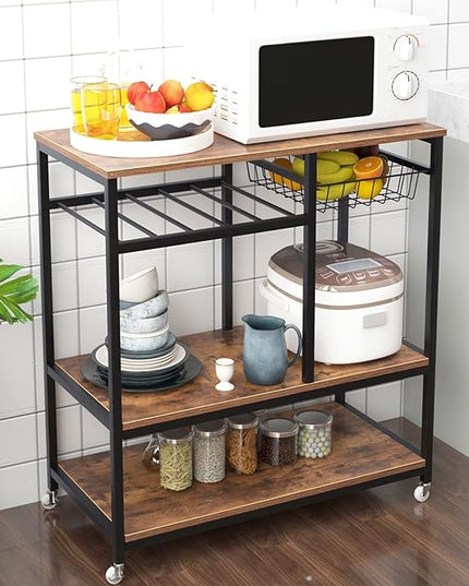 SogesGame Kitchen Cart Kitchen Baker's Rack, 3-Tier Vintage Serving Cart with Wheels Utility Cart Microwave Stand Storage Shelf Coffee Cart for Kitchen Coffee Station - LeafyLoom