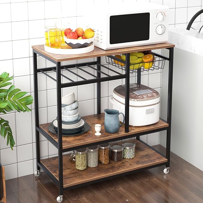 SogesGame Kitchen Cart Kitchen Baker's Rack, 3-Tier Vintage Serving Cart with Wheels Utility Cart Microwave Stand Storage Shelf Coffee Cart for Kitchen Coffee Station - LeafyLoom