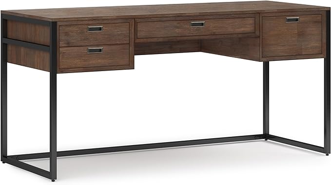 SIMPLIHOME Richmond SOLID WOOD 60 inch Wide Home Office Desk, Writing Table, Workstation, Study Table Furniture in Rustic Natural Aged Brown - LeafyLoom