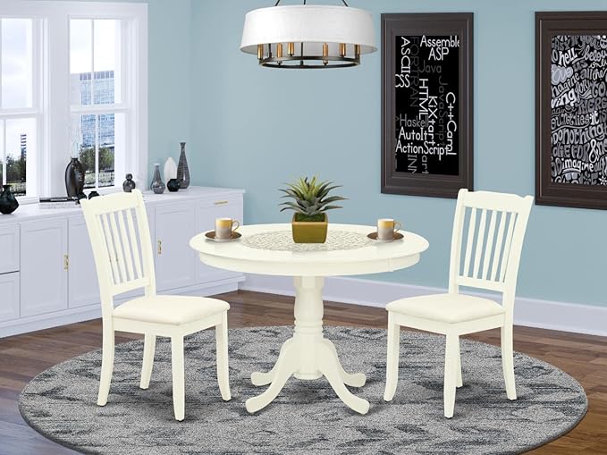 East West Furniture HLDA3-LWH-C 3 Piece Dining Room Table Set Contains a Round Kitchen Table with Pedestal and 2 Linen Fabric Upholstered Dining Chairs, 42x42 Inch, Linen White - LeafyLoom