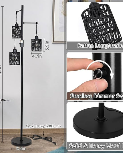 Rattan Floor Lamp, 3-Lights Boho Floor Lamp with Stepless Dimmer, 65" Farmhouse Rustic Floor Lamps for Living Room, Tall Floor Lamp with Rattan Shades, Dimmable Standing Lamp for Bedroom Black - LeafyLoom