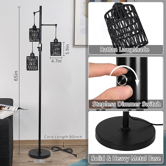 Rattan Floor Lamp, 3-Lights Boho Floor Lamp with Stepless Dimmer, 65" Farmhouse Rustic Floor Lamps for Living Room, Tall Floor Lamp with Rattan Shades, Dimmable Standing Lamp for Bedroom Black - LeafyLoom