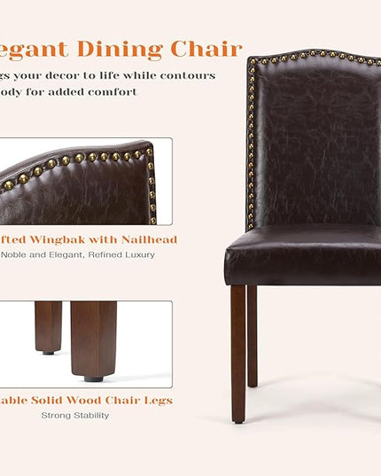 Sweetcrispy Dining Chairs Set of 4, Upholstered Leather Kitchen Room Chairs Mid Century Modern High-End Dining Room Side Chairs with Nailhead Trim and Wood Legs for Bedroom, Living Room, Brown - LeafyLoom
