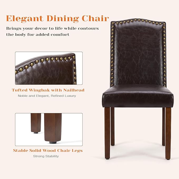 Sweetcrispy Dining Chairs Set of 4, Upholstered Leather Kitchen Room Chairs Mid Century Modern High-End Dining Room Side Chairs with Nailhead Trim and Wood Legs for Bedroom, Living Room, Brown - LeafyLoom