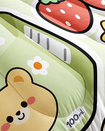 Datura home Kawaii Strawberry Bear Comforter Bedding Set for Kids Boys and Girls Teens,Cute Cartoon Fruit Print Light Green with 1 2 Pillowcases(Kawaii Queen), Queen 90x90inches - LeafyLoom