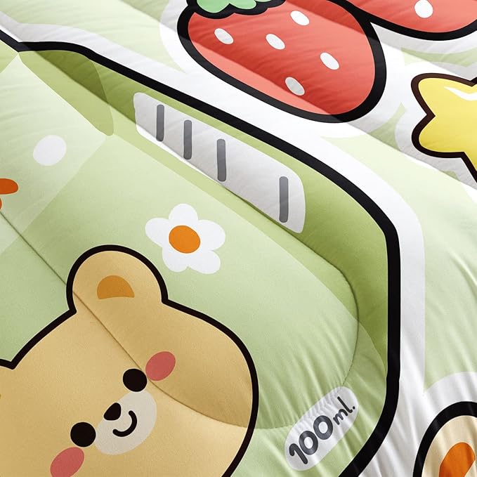 Datura home Kawaii Strawberry Bear Comforter Bedding Set for Kids Boys and Girls Teens, Cute Cartoon Fruit Print Light Green with 1 2 Pillowcases(Kawaii Twin 68x86inches) - LeafyLoom