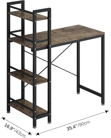 4NM 35" Small Computer Desk with 4-Tier Bookshelf, Home Office Desk Writing Workstation Study Table Multipurpose for Small Space Work - Rustic Brown and Black - LeafyLoom