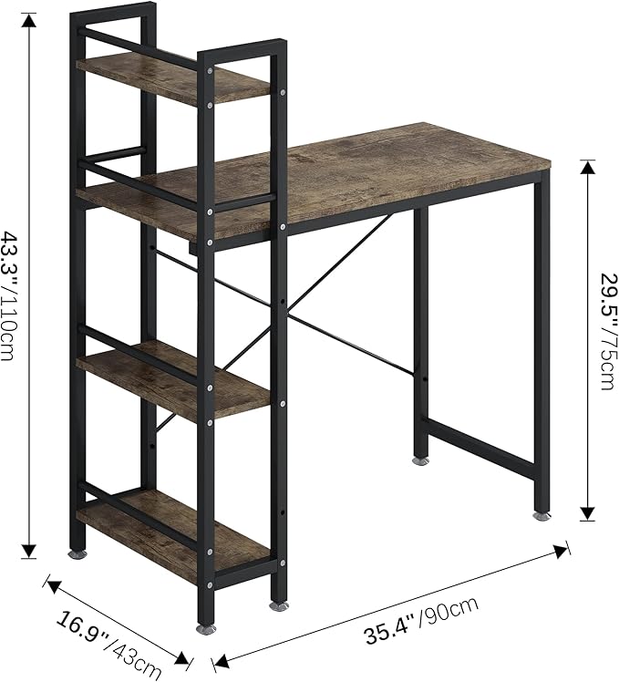 4NM 35" Small Computer Desk with 4-Tier Bookshelf, Home Office Desk Writing Workstation Study Table Multipurpose for Small Space Work - Rustic Brown and Black - LeafyLoom