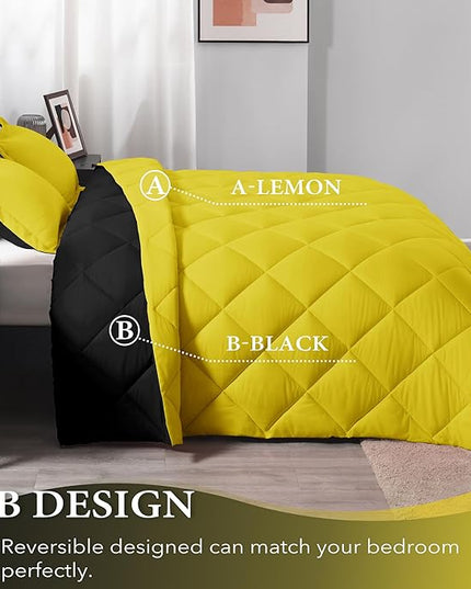 downluxe Queen Comforter Set - Lemon and Black Queen Comforter, Soft Bedding Sets for All Seasons -3 Pieces - 1 Comforter (88"x92") and 2 Pillow Shams(20"x26") - LeafyLoom