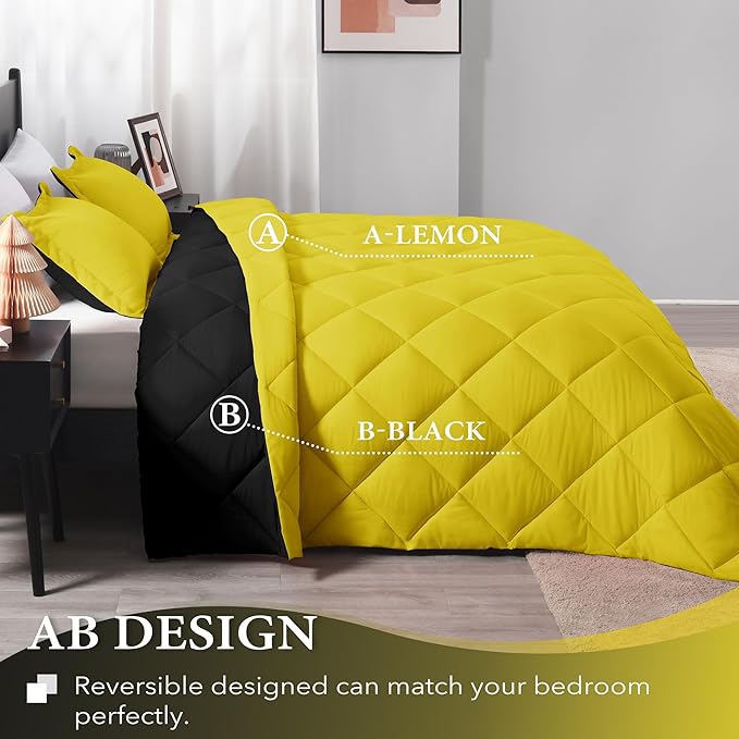 downluxe Queen Comforter Set - Lemon and Black Queen Comforter, Soft Bedding Sets for All Seasons -3 Pieces - 1 Comforter (88"x92") and 2 Pillow Shams(20"x26") - LeafyLoom
