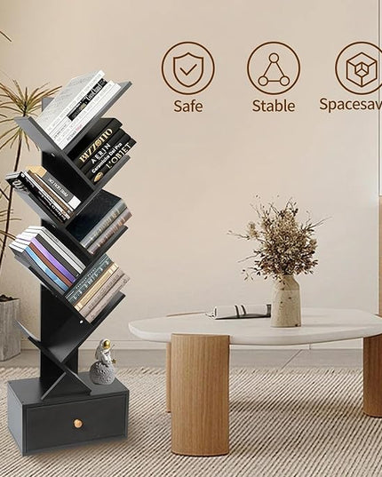8-Tier Bookshelf Tree Bookshelf Book Tree with Drawer Wooden Bookshelves Storage Rack for CDs/Books, Shelves for Bedroom, Living Room & Office (Black) - LeafyLoom