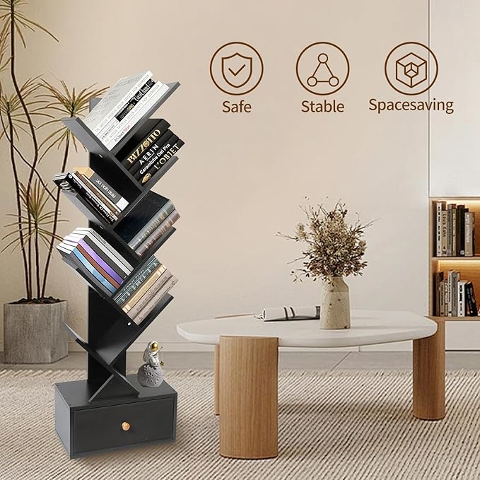 8-Tier Bookshelf Tree Bookshelf Book Tree with Drawer Wooden Bookshelves Storage Rack for CDs/Books, Shelves for Bedroom, Living Room & Office (Black) - LeafyLoom